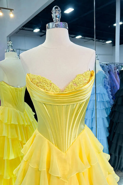 Elegant A-Line Sweetheart Strapless Tiered Corset Yellow Long Prom Dresses Women