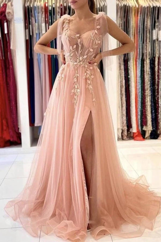 Elegant A-Line Sweetheart Tie-Shoulder Floral Split Blush Pink Floor-Length Prom Gown