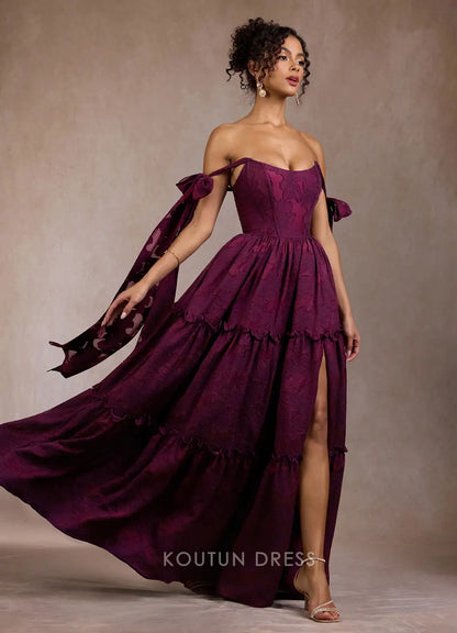 Elegant A-Line Sweetheart Tiered High-Slit Deep Plum Floor-Length Prom Dresses