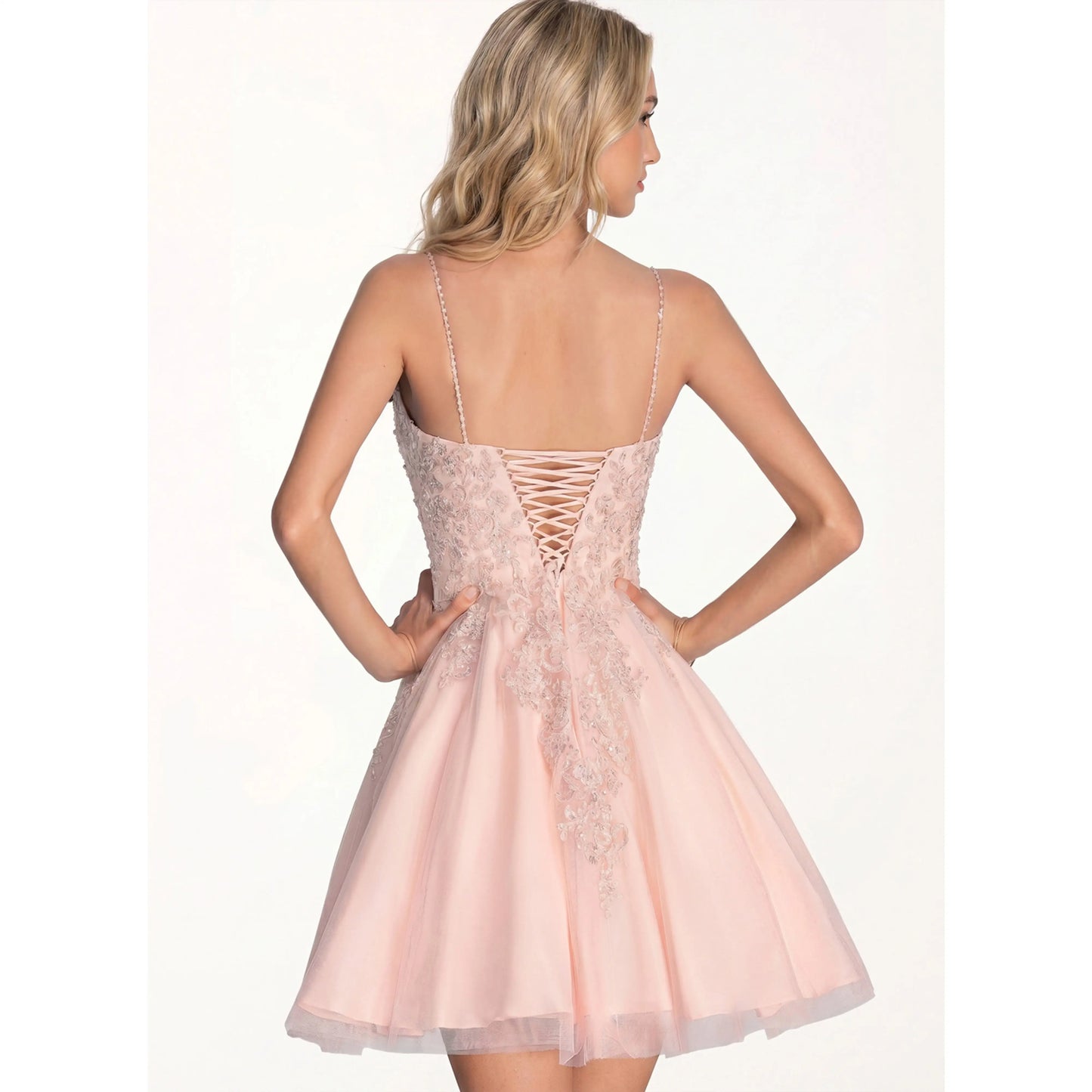 Elegant A-Line Sweetheart V-Neck Beaded Blush Pink Short Homecoming Dress