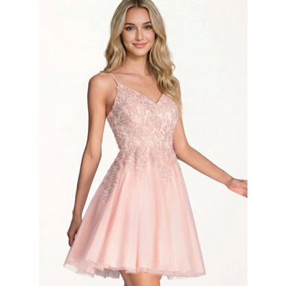 Elegant A-Line Sweetheart V-Neck Beaded Blush Pink Short Homecoming Dress