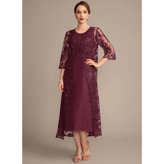 Elegant A-Line Three-Quarter Sleeve Beaded Lace Plum Midi Mother of the Bride Dress