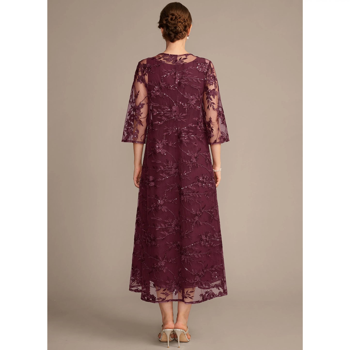Elegant A-Line Three-Quarter Sleeve Beaded Lace Plum Midi Mother of the Bride Dress