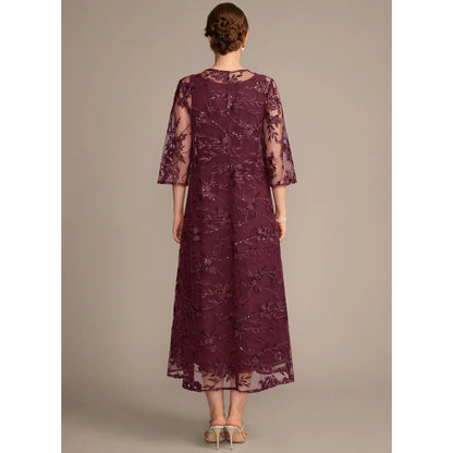 Elegant A-Line Three-Quarter Sleeve Beaded Lace Plum Midi Mother of the Bride Dress