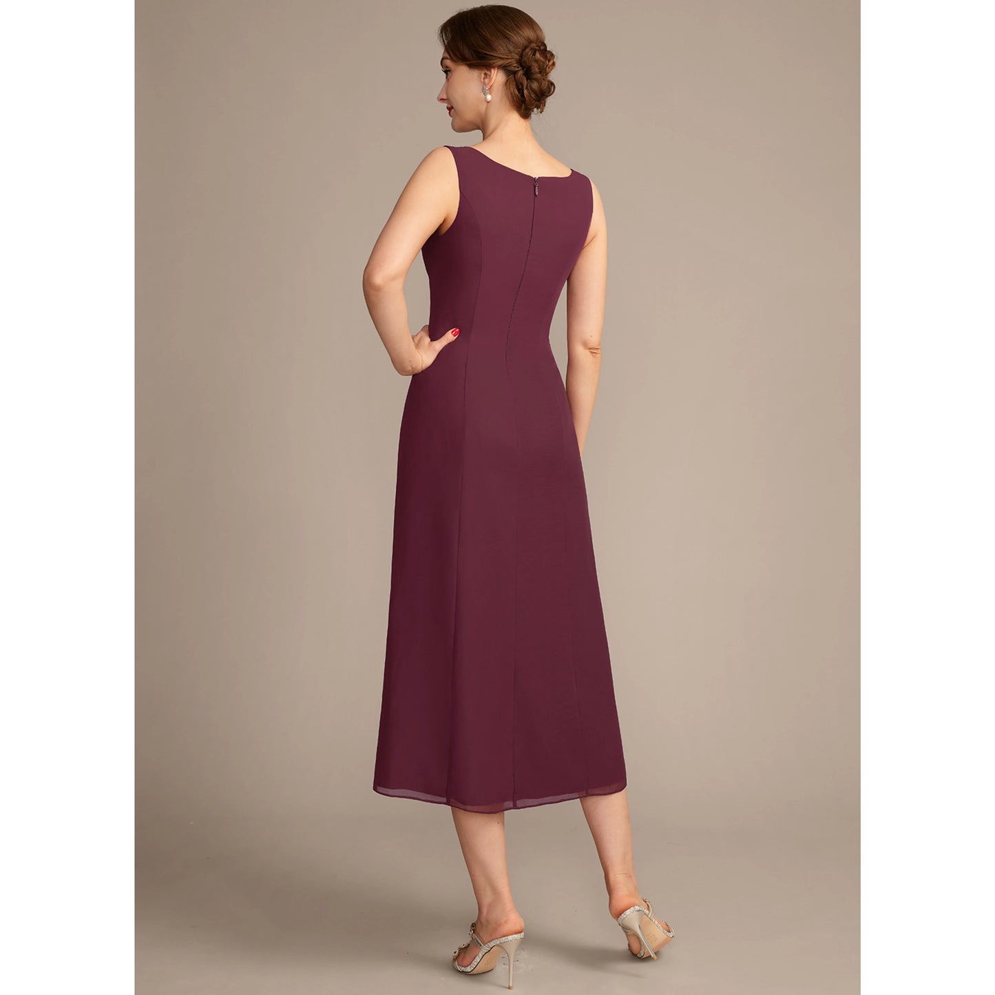 Elegant A-Line Three-Quarter Sleeve Beaded Lace Plum Midi Mother of the Bride Dress