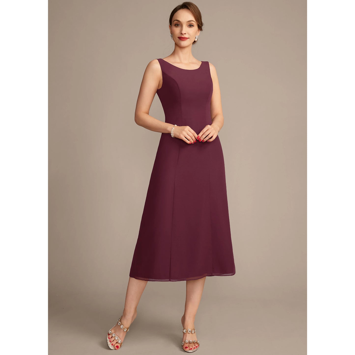Elegant A-Line Three-Quarter Sleeve Beaded Lace Plum Midi Mother of the Bride Dress