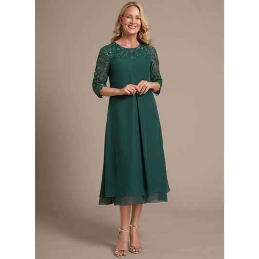 Elegant A-Line Three-Quarter Sleeve Beaded Sequin Emerald Green Midi Mother of the Bride