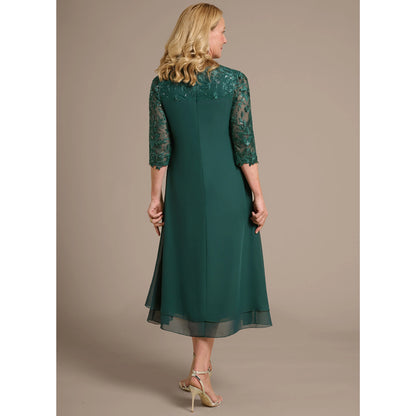 Elegant A-Line Three-Quarter Sleeve Beaded Sequin Emerald Green Midi Mother of the Bride