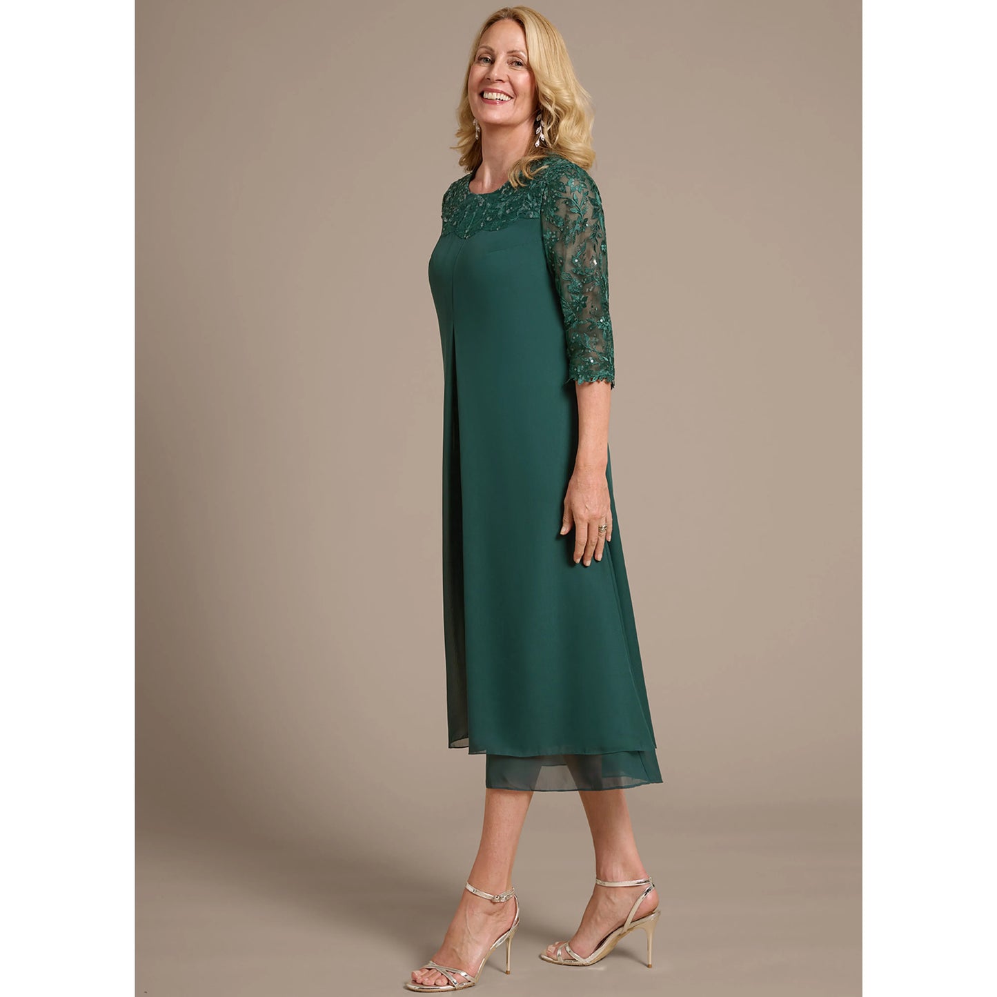 Elegant A-Line Three-Quarter Sleeve Beaded Sequin Emerald Green Midi Mother of the Bride