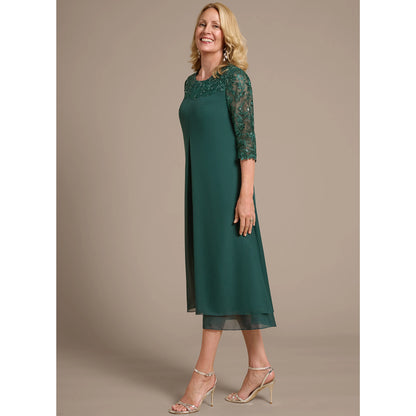 Elegant A-Line Three-Quarter Sleeve Beaded Sequin Emerald Green Midi Mother of the Bride