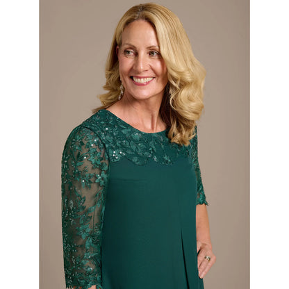 Elegant A-Line Three-Quarter Sleeve Beaded Sequin Emerald Green Midi Mother of the Bride