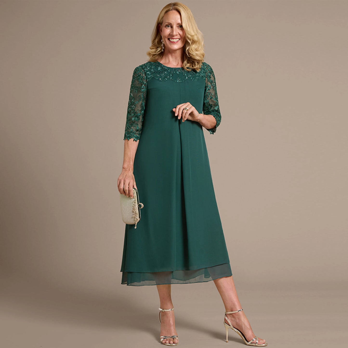Elegant A-Line Three-Quarter Sleeve Beaded Sequin Emerald Green Midi Mother of the Bride