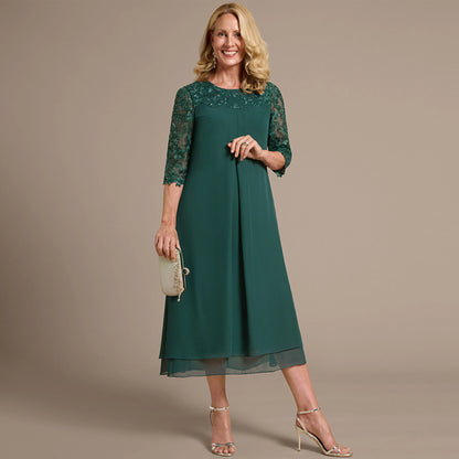 Elegant A-Line Three-Quarter Sleeve Beaded Sequin Emerald Green Midi Mother of the Bride