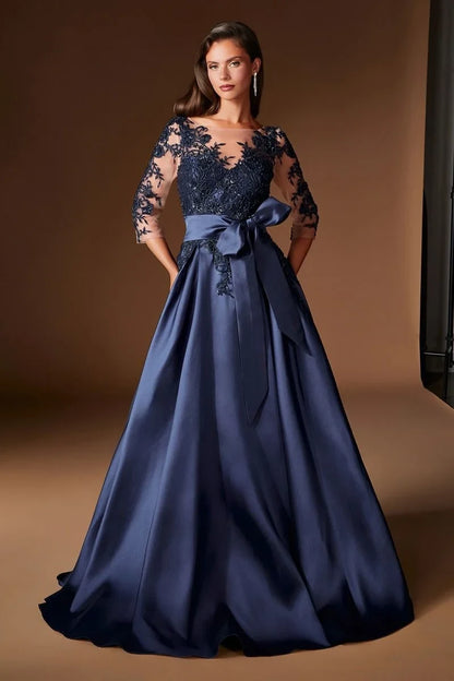 Elegant A-Line Three-Quarter Sleeve Lace Navy Blue Floor-Length Mother Gown