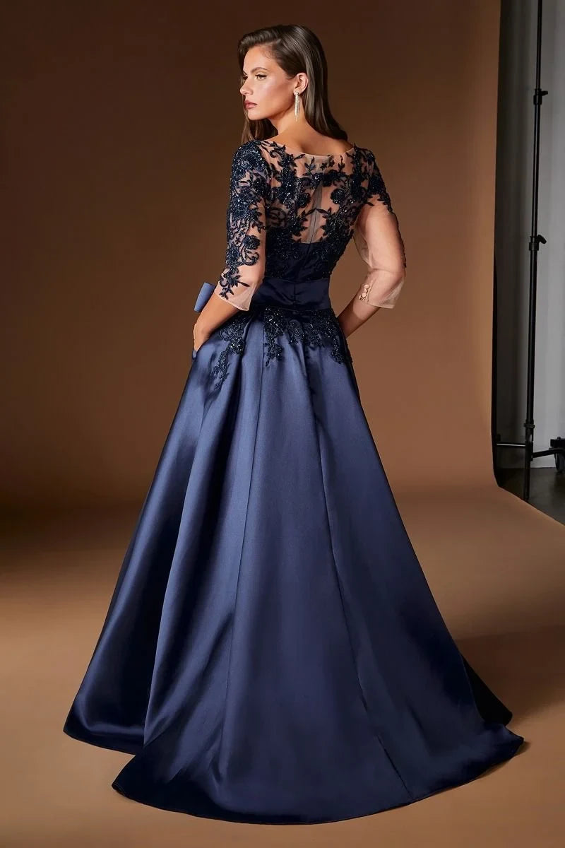 Elegant A-Line Three-Quarter Sleeve Lace Navy Blue Floor-Length Mother Gown
