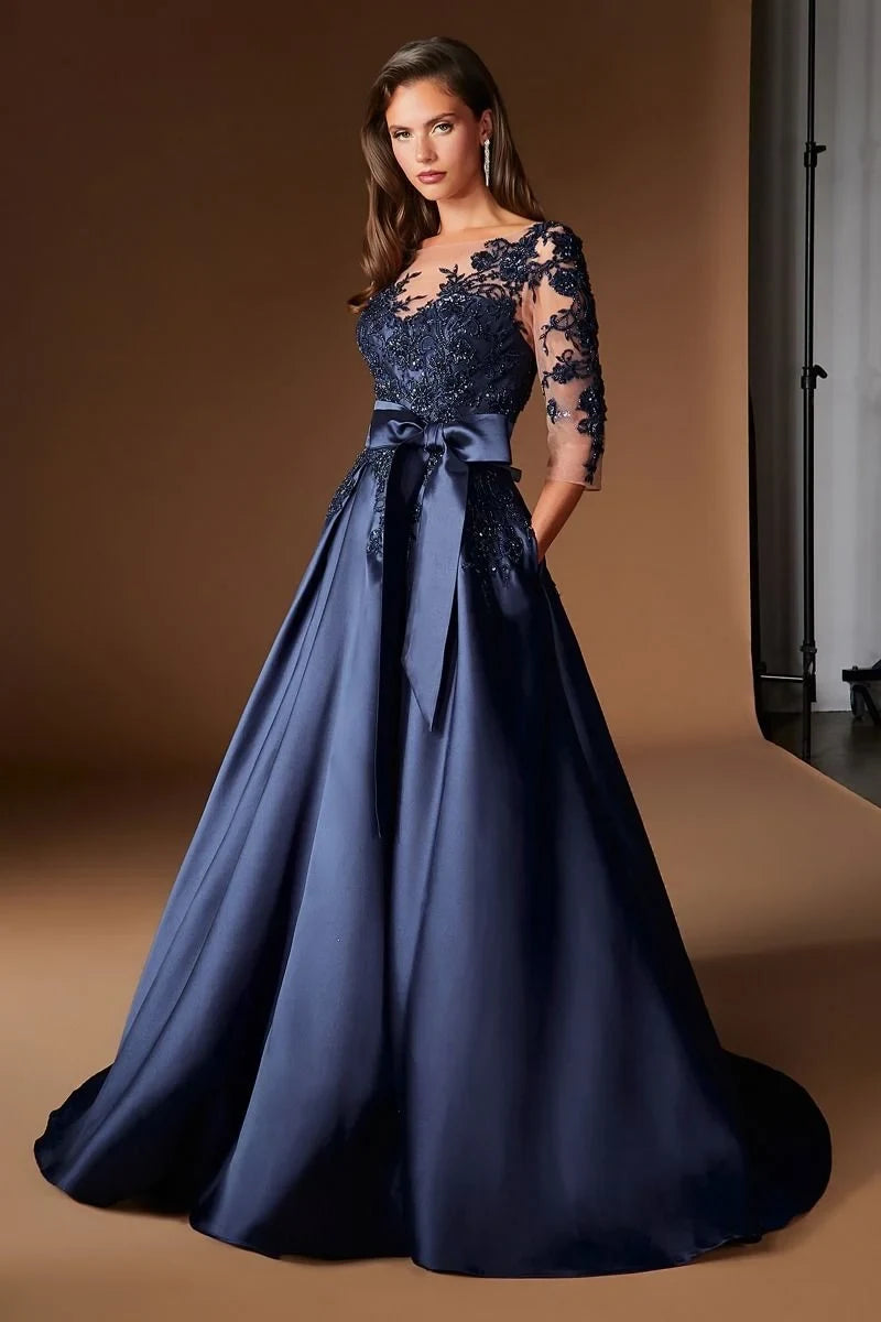 Elegant A-Line Three-Quarter Sleeve Lace Navy Blue Floor-Length Mother Gown