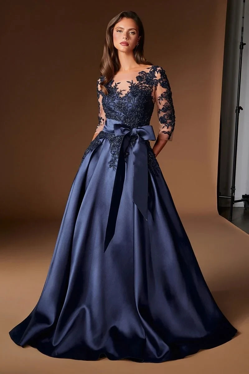 Elegant A-Line Three-Quarter Sleeve Lace Navy Blue Floor-Length Mother Gown