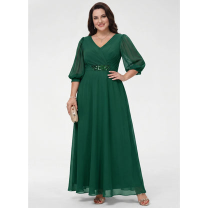 Elegant A-Line V-Neck 3/4 Sleeve Embellished Dark Green Mother of the Bride Gown