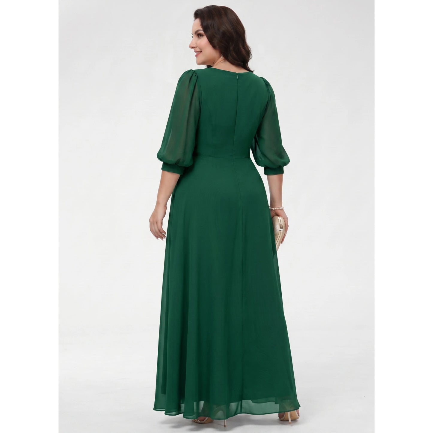 Elegant A-Line V-Neck 3/4 Sleeve Embellished Dark Green Mother of the Bride Gown