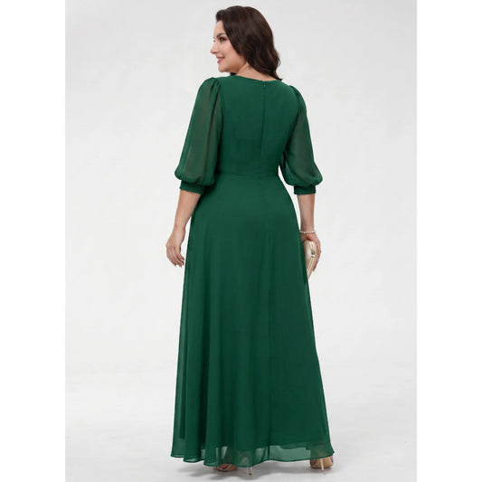 Elegant A-Line V-Neck 3/4 Sleeve Embellished Dark Green Mother of the Bride Gown
