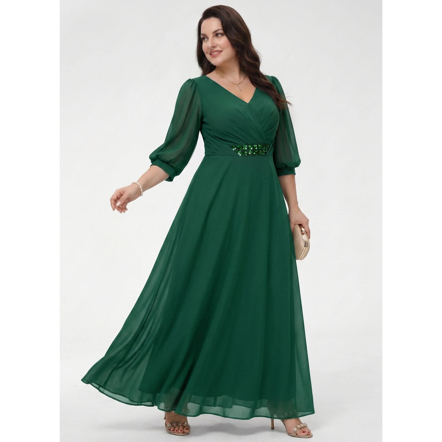 Elegant A-Line V-Neck 3/4 Sleeve Embellished Dark Green Mother of the Bride Gown