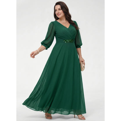 Elegant A-Line V-Neck 3/4 Sleeve Embellished Dark Green Mother of the Bride Gown