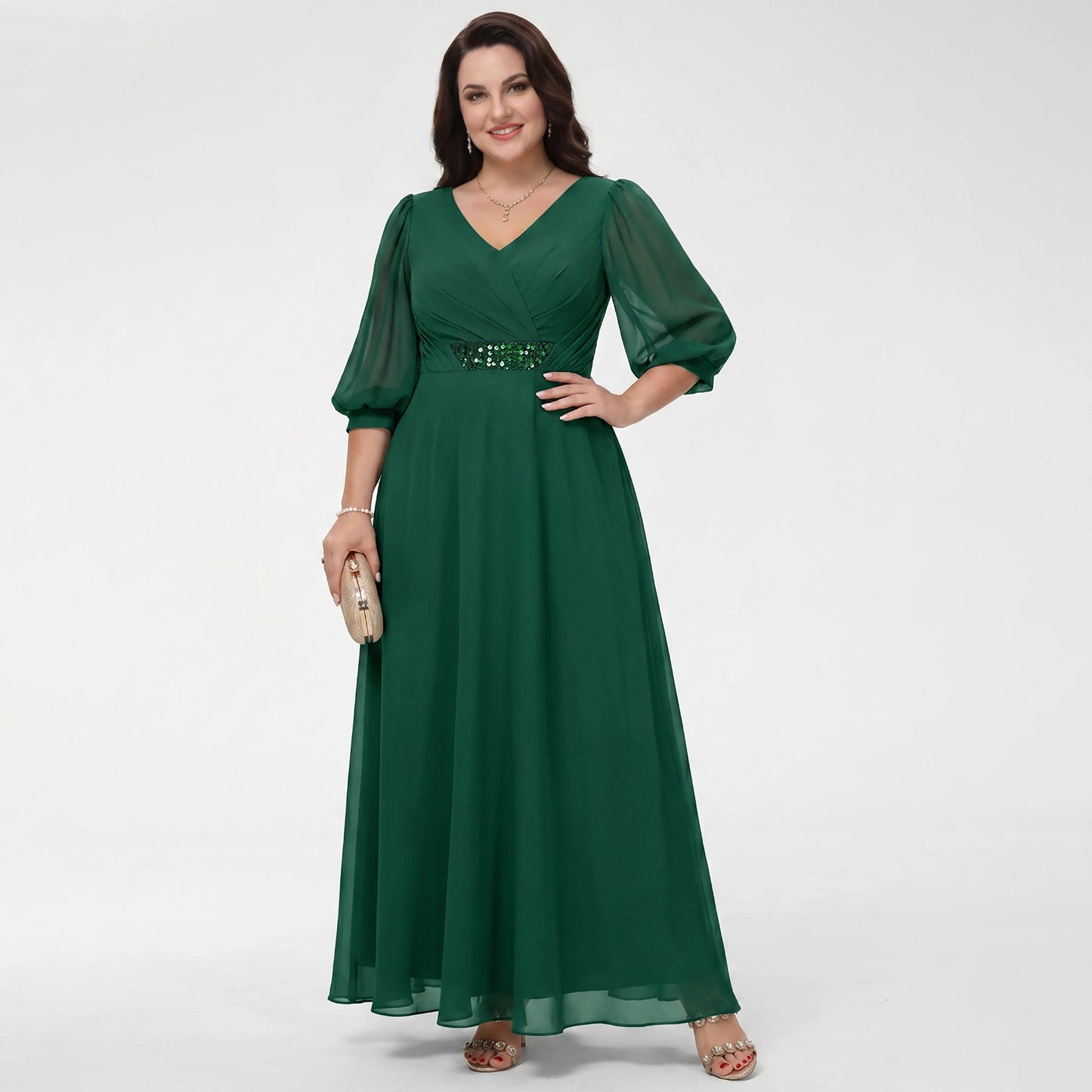 Elegant A-Line V-Neck 3/4 Sleeve Embellished Dark Green Mother of the Bride Gown