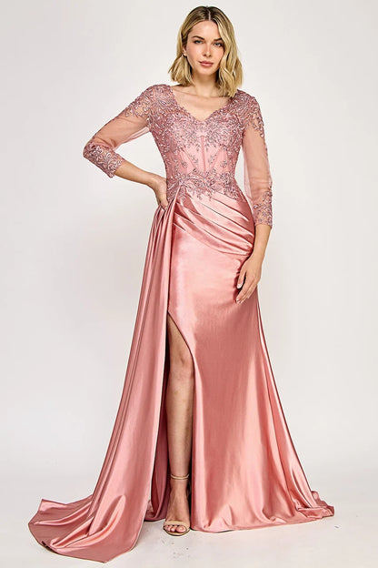 Elegant A-Line V-Neck 3/4 Sleeve Embellished Rose Gold Mother of the Bride Gown