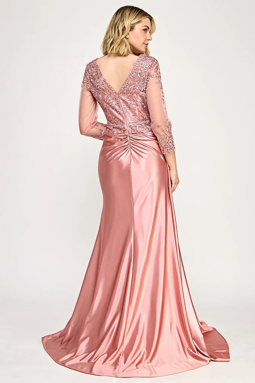 Elegant A-Line V-Neck 3/4 Sleeve Embellished Rose Gold Mother of the Bride Gown