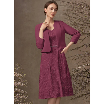 Elegant A-Line V-Neck 3/4 Sleeve Lace Plum Knee-Length Mother of the Bride Dress