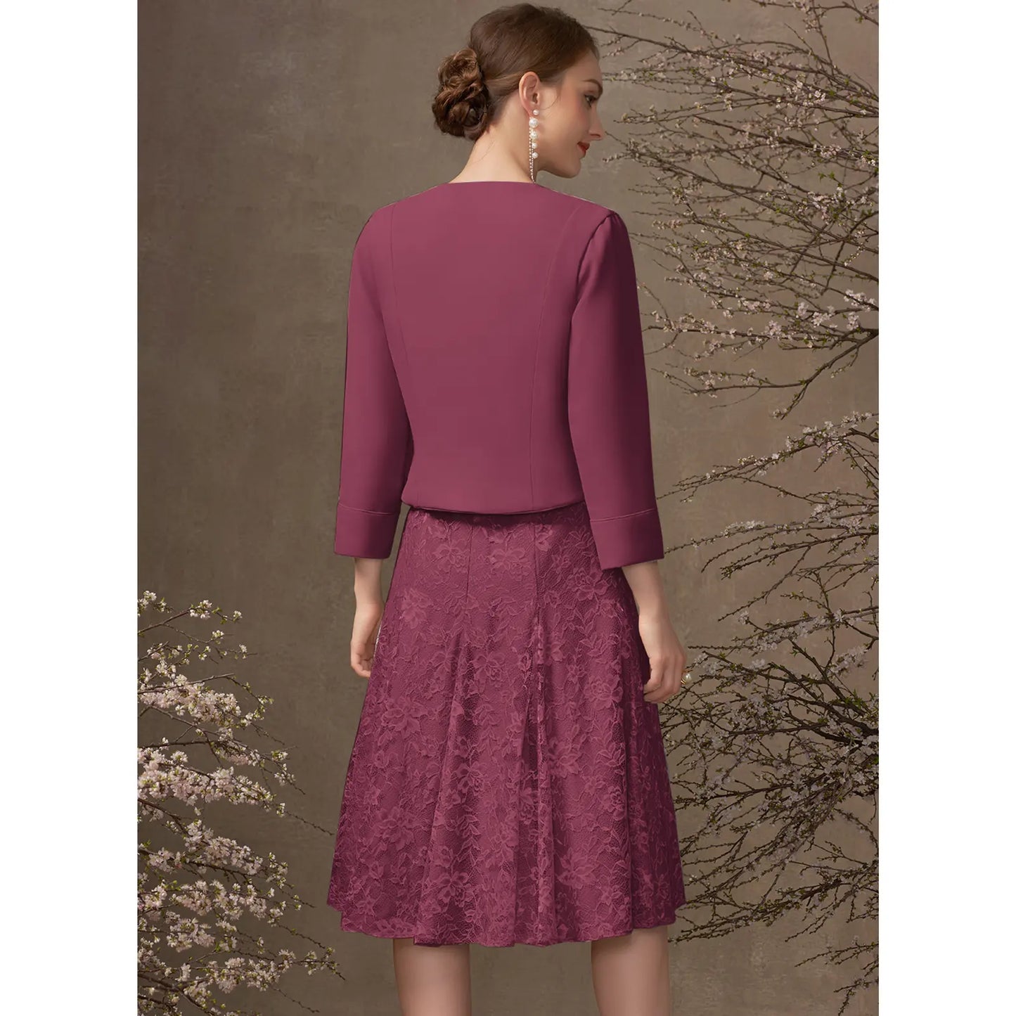 Elegant A-Line V-Neck 3/4 Sleeve Lace Plum Knee-Length Mother of the Bride Dress