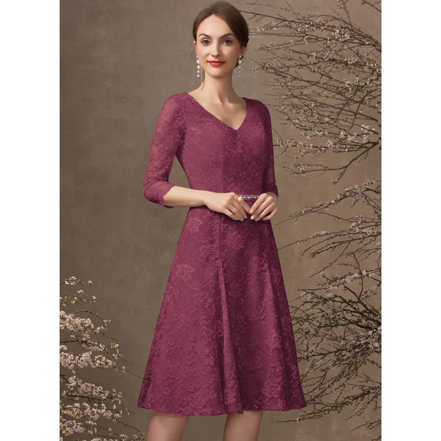 Elegant A-Line V-Neck 3/4 Sleeve Lace Plum Knee-Length Mother of the Bride Dress