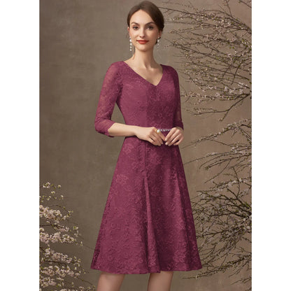 Elegant A-Line V-Neck 3/4 Sleeve Lace Plum Knee-Length Mother of the Bride Dress