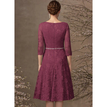 Elegant A-Line V-Neck 3/4 Sleeve Lace Plum Knee-Length Mother of the Bride Dress