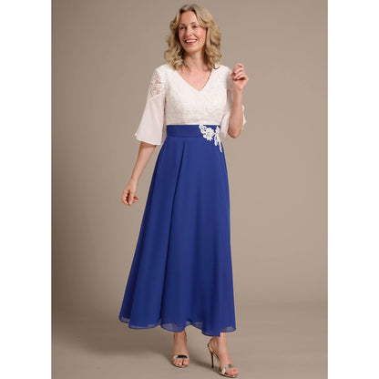 Elegant A-Line V-Neck Bell Sleeve Lace Royal Blue Mother of the Bride Gown