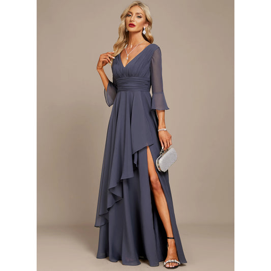 Elegant A-Line V-Neck Bell Sleeve Ruched Dusty Blue Mother of the Bride Gown