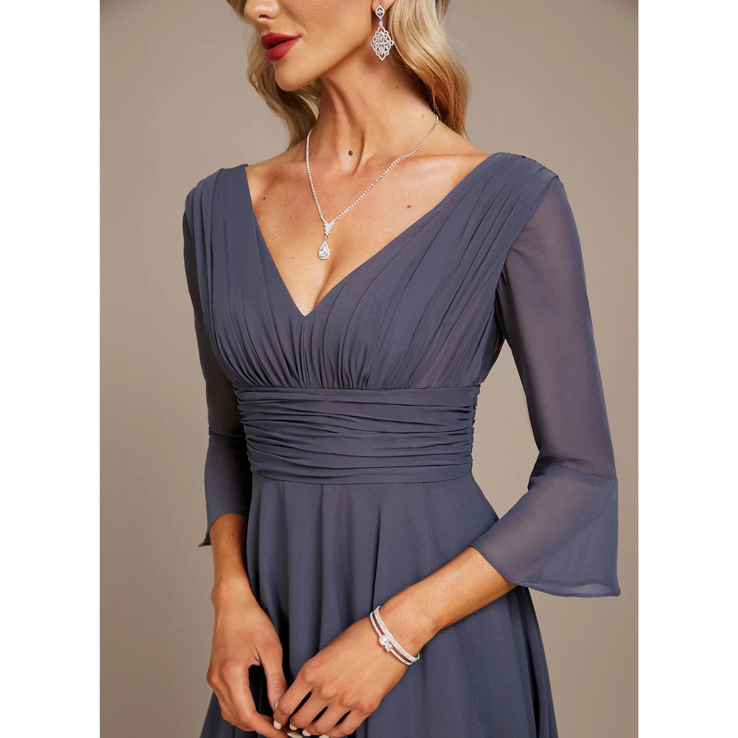 Elegant A-Line V-Neck Bell Sleeve Ruched Dusty Blue Mother of the Bride Gown
