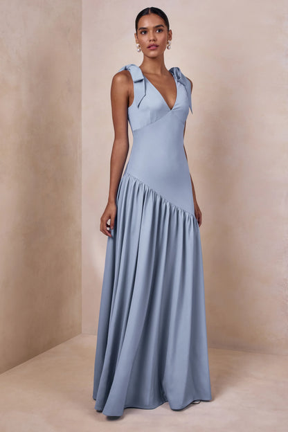 Elegant A-Line V-Neck Bow-Tie Ruffled Light Blue Maxi Prom Dress