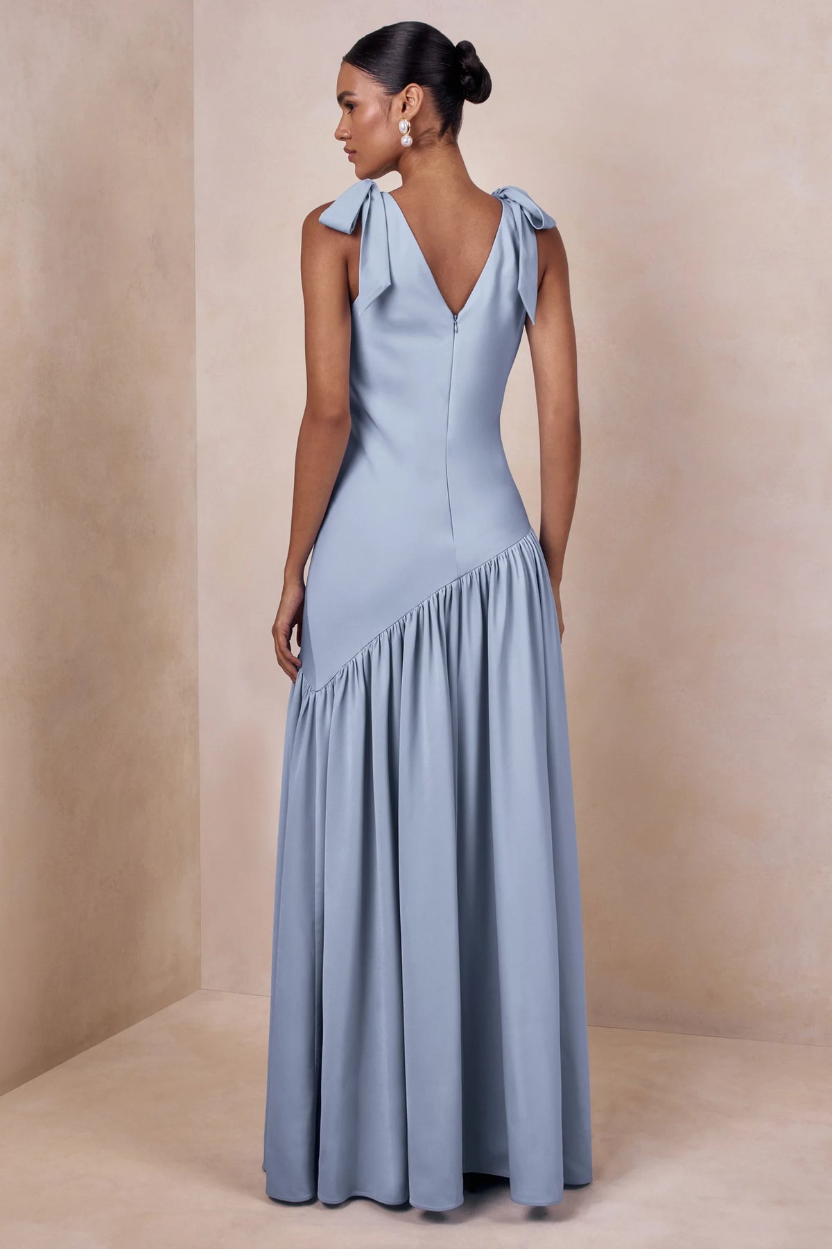 Elegant A-Line V-Neck Bow-Tie Ruffled Light Blue Maxi Prom Dress