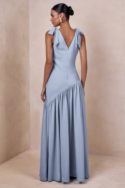 Elegant A-Line V-Neck Bow-Tie Ruffled Light Blue Maxi Prom Dress