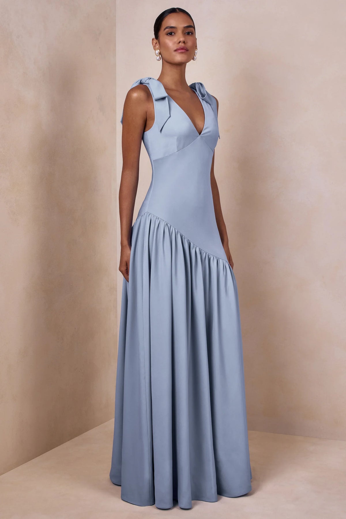 Elegant A-Line V-Neck Bow-Tie Ruffled Light Blue Maxi Prom Dress