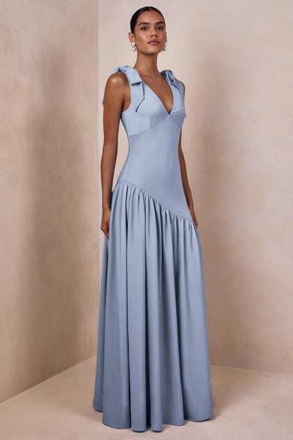 Elegant A-Line V-Neck Bow-Tie Ruffled Light Blue Maxi Prom Dress