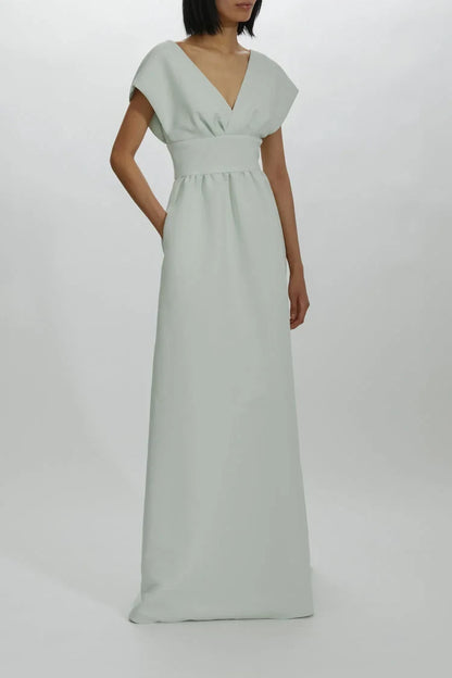 Elegant A-Line V-Neck Cap Sleeve Chic Pale Sage Green Floor-Length Bridesmaid Dress