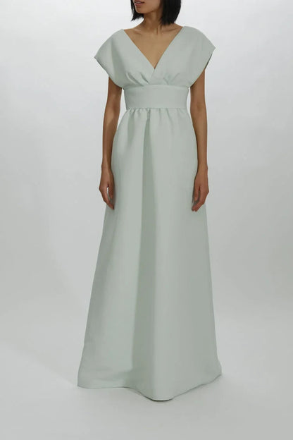Elegant A-Line V-Neck Cap Sleeve Chic Pale Sage Green Floor-Length Bridesmaid Dress