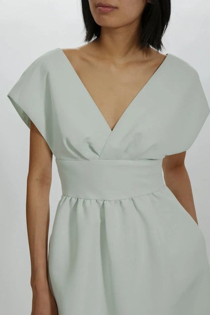 Elegant A-Line V-Neck Cap Sleeve Chic Pale Sage Green Floor-Length Bridesmaid Dress