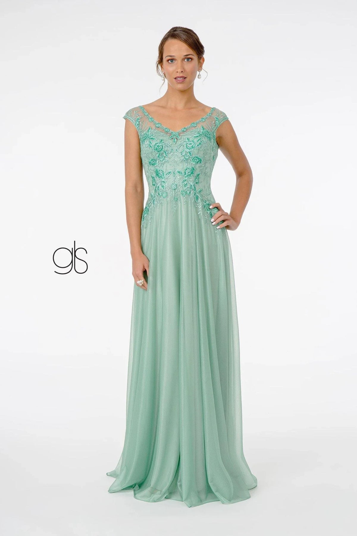 Elegant A-Line V-Neck Cap Sleeve Embroidered Mint Green Floor-Length Mother of the Bride Gown