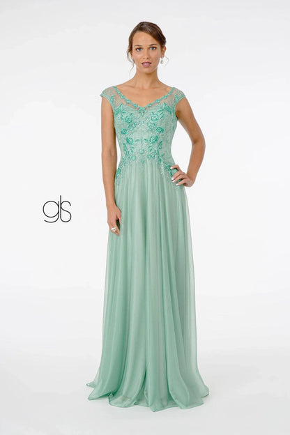 Elegant A-Line V-Neck Cap Sleeve Embroidered Mint Green Floor-Length Mother of the Bride Gown