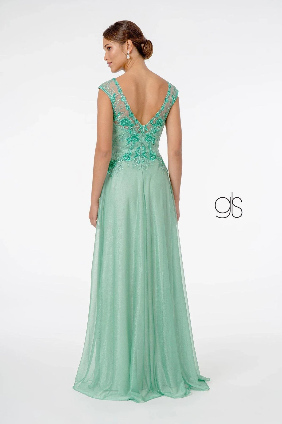 Elegant A-Line V-Neck Cap Sleeve Embroidered Mint Green Floor-Length Mother of the Bride Gown