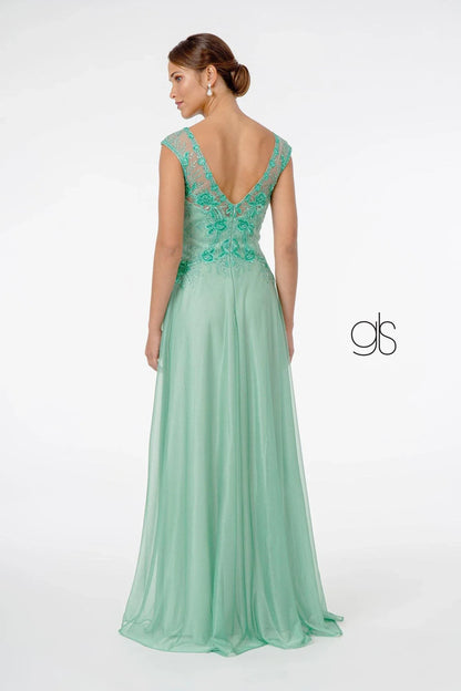 Elegant A-Line V-Neck Cap Sleeve Embroidered Mint Green Floor-Length Mother of the Bride Gown