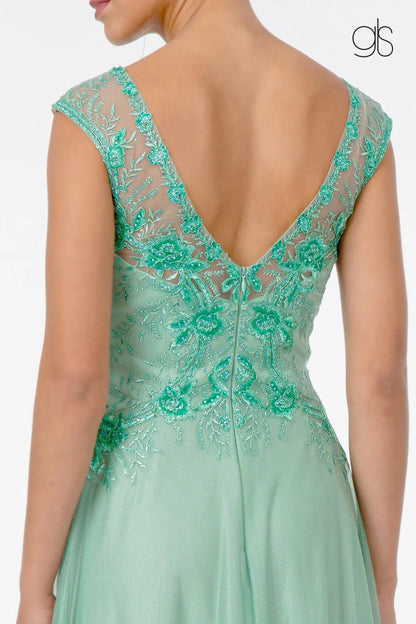 Elegant A-Line V-Neck Cap Sleeve Embroidered Mint Green Floor-Length Mother of the Bride Gown
